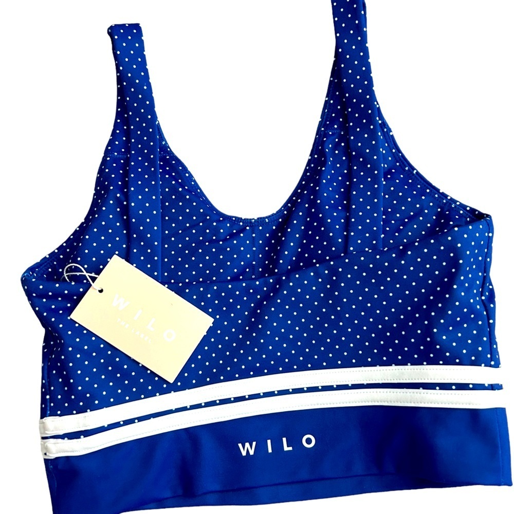 NWT WILO Athletic Sports Bra Padded Blue-White Polka Dot size XS and S - Picture 3 of 5